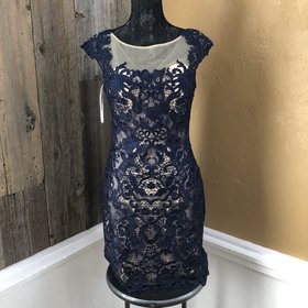 Jovani Navy Blue Lace with Nude Underlay, Size 8