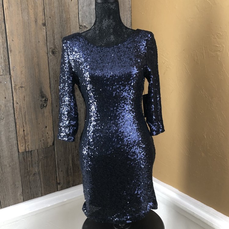 Lulus Blue Sequin Short Sleeved Cocktail Dress, Size M