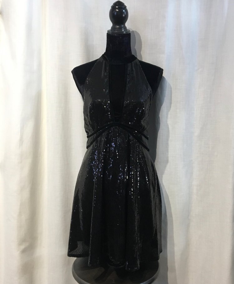 Free People Black Sequin Dress With Low V-Neck, Size 10