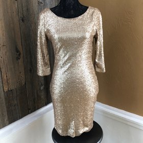 Crystal Doll Matte Rose Gold 3/4 Sleeve Sequin Dress, Size L