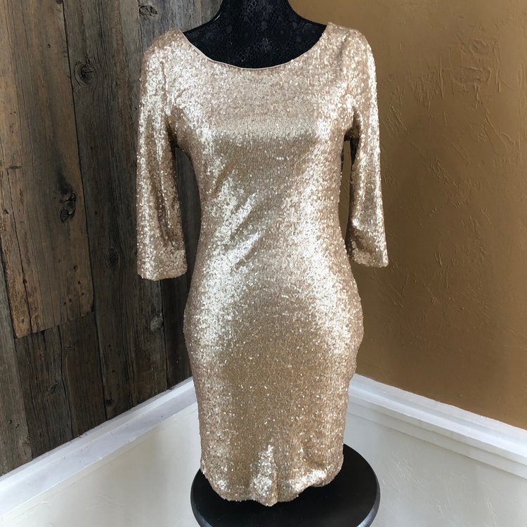 Crystal Doll Matte Rose Gold 3/4 Sleeve Sequin Dress, Size L
