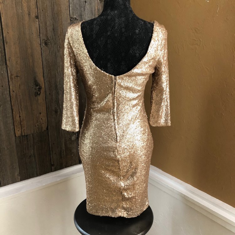 Crystal Doll Matte Rose Gold 3/4 Sleeve Sequin Dress, Size L