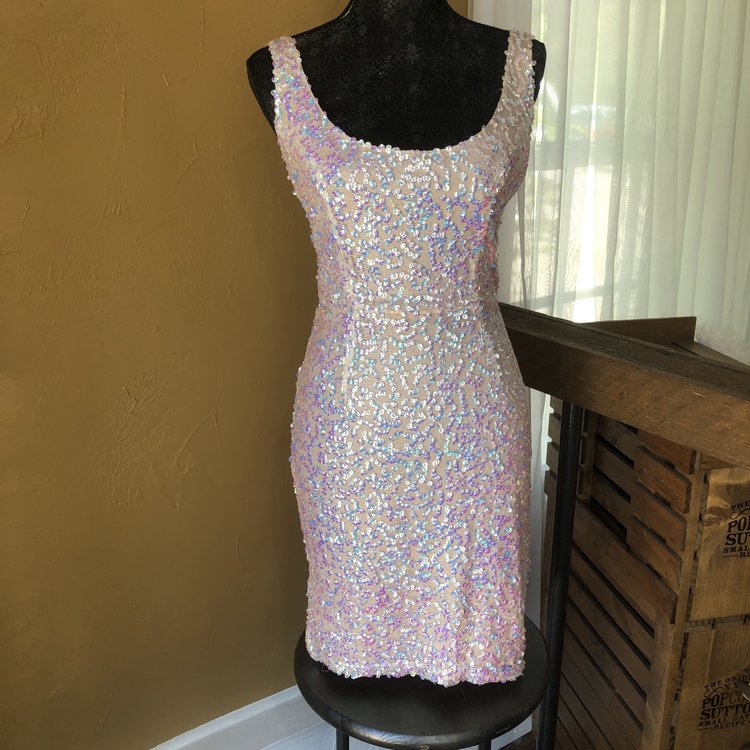 French Connection Pink Metallic Sequined Fitted Party Dress, Size 8