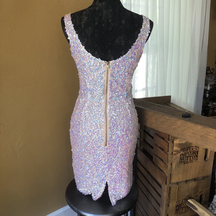 French Connection Pink Metallic Sequined Fitted Party Dress, Size 8
