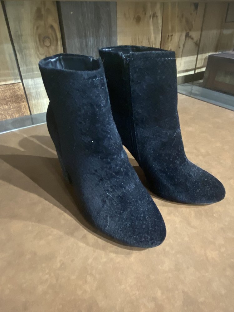 Black Suede Booties with Glitter Heel, Size 8