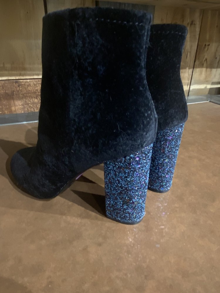 Black Suede Booties with Glitter Heel, Size 8