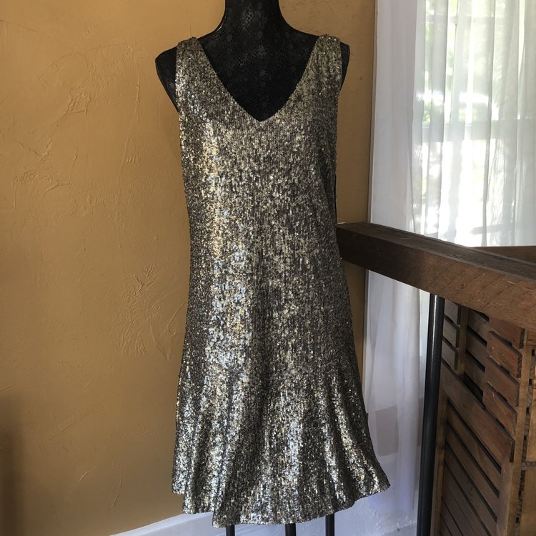 Ralph Lauren Gold Sequined V Neck Party Dress, Size 12