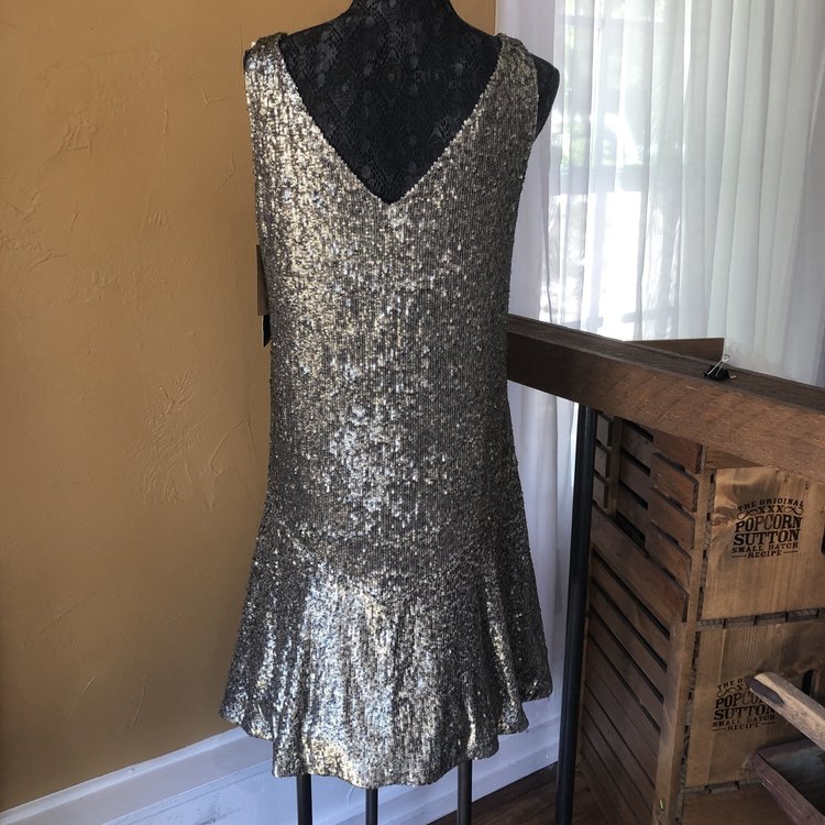 Ralph Lauren Gold Sequined V Neck Party Dress, Size 12