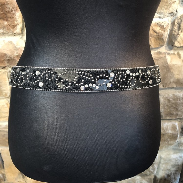Black Genuine Leather and Faux fur Bling Belt, Size XL
