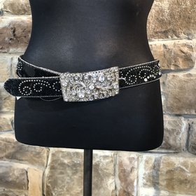Black Genuine Leather and Faux fur Bling Belt, Size XL