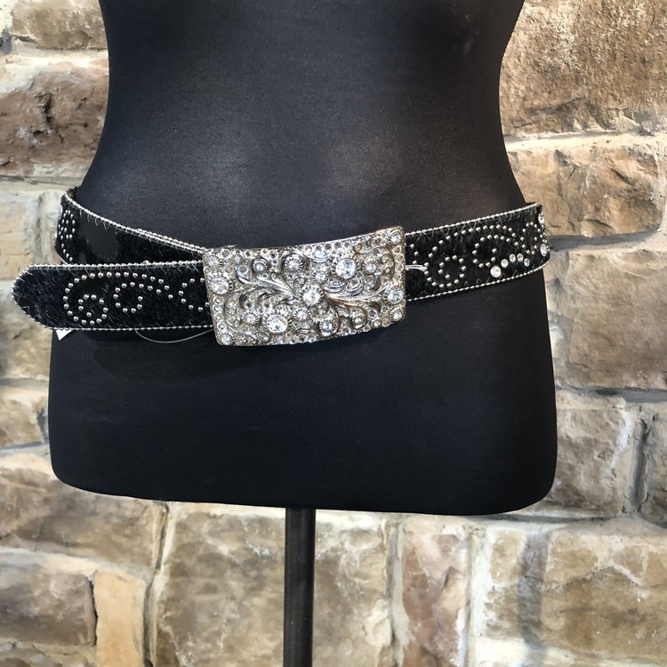 Black Genuine Leather and Faux fur Bling Belt, Size XL