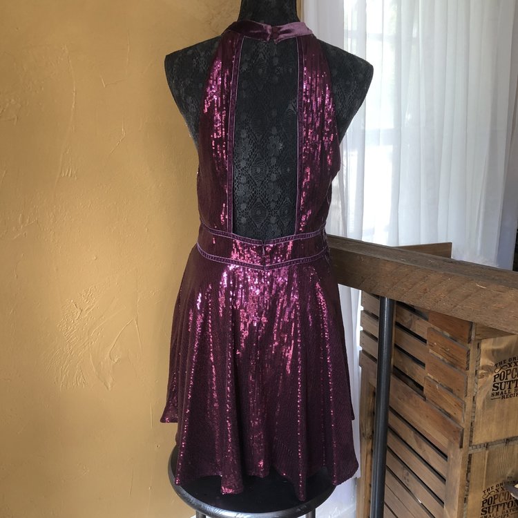 Free People Purple Sleeveless Sequin Fit and Flare, Size L