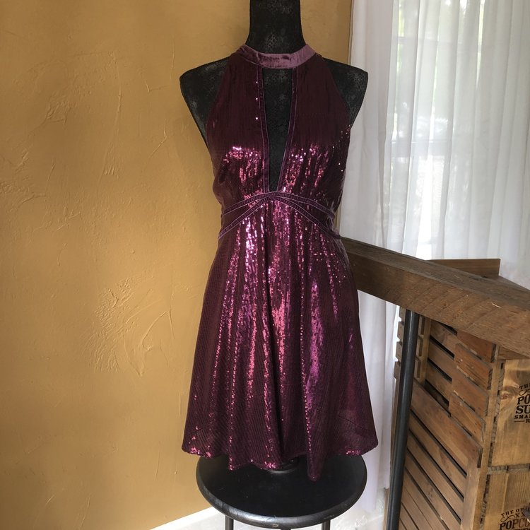 Free People Purple Sleeveless Sequin Fit and Flare, Size L