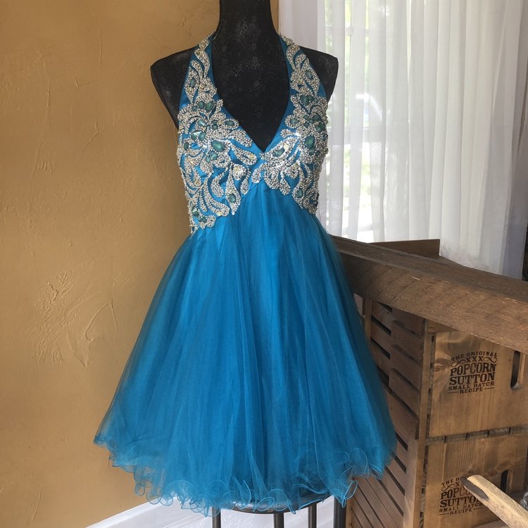 Night Moves Turquoise Halter Dress, Size L