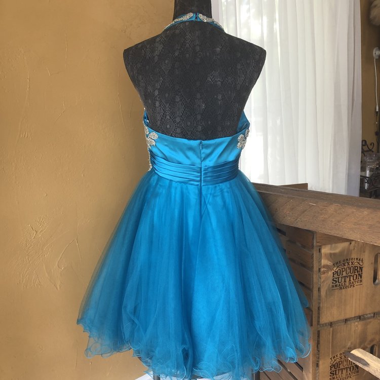 Night Moves Turquoise Halter Dress, Size L