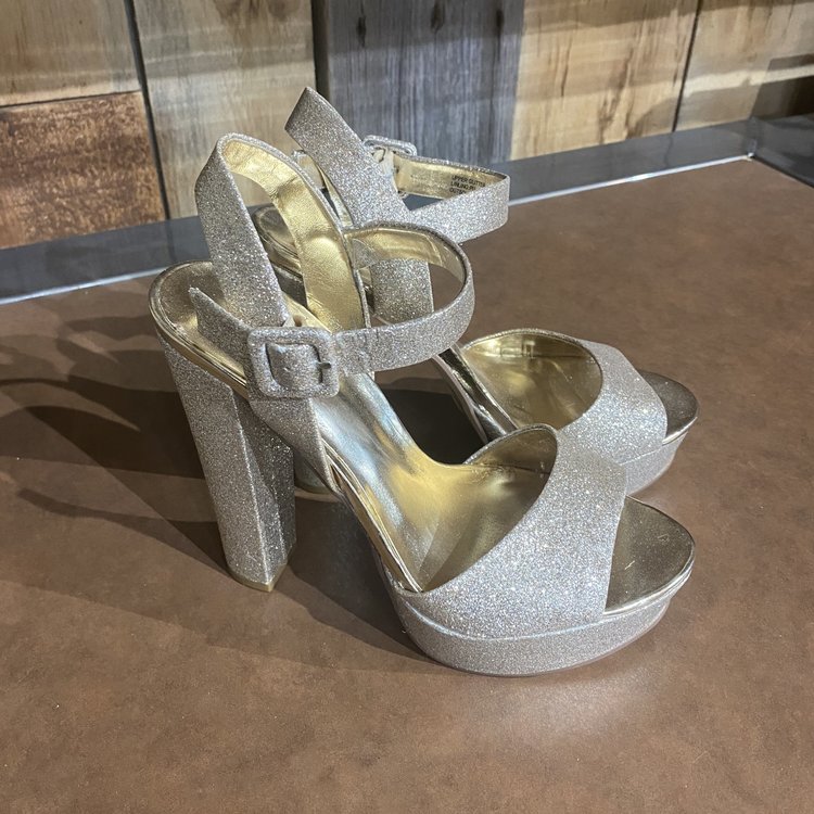 Gold Sparkle Open Toe Platform Heel, Size 6.5