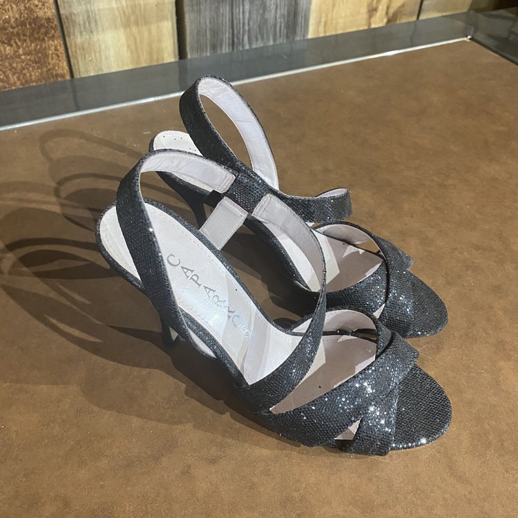Black Glitter Open Toe Heel, Size 6