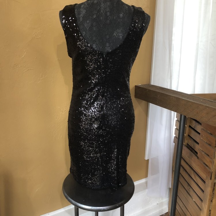 Crystal Doll Black Mini-Sequin Sheath with Scoop Back, Size L