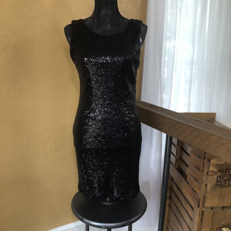 Crystal Doll Black Mini-Sequin Sheath with Scoop Back, Size L