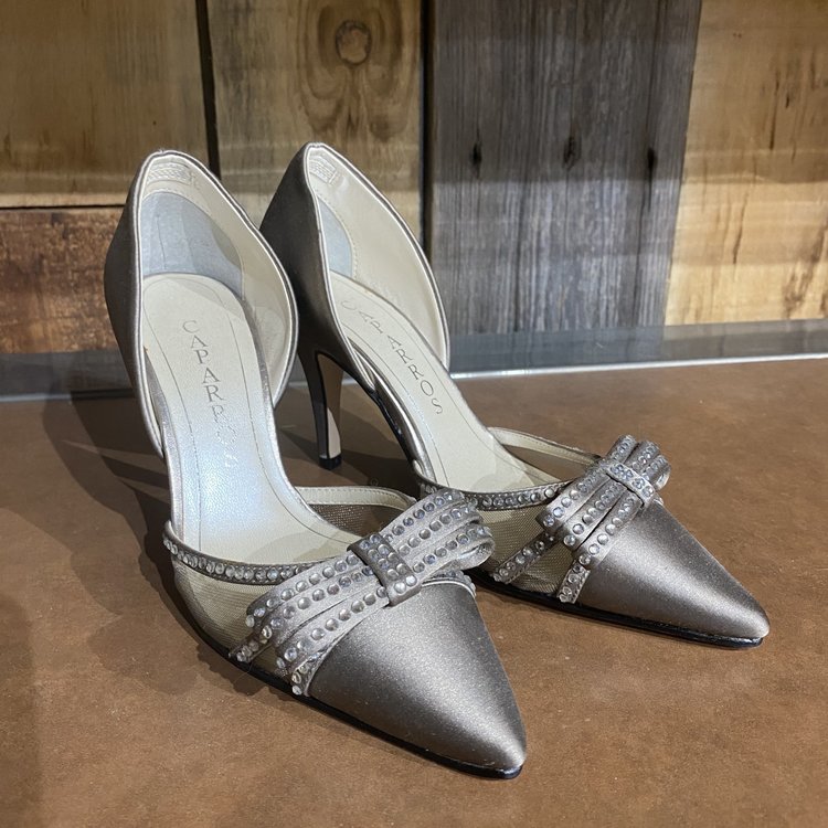 Taupe Rhinestone Bow Heels, Size 5.5