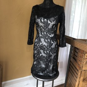 Sue Wong Black Lace Inspired Illusion Dress, Size 12