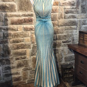 JVN Aqua and Nude Art Deco Beaded Gown, Size S