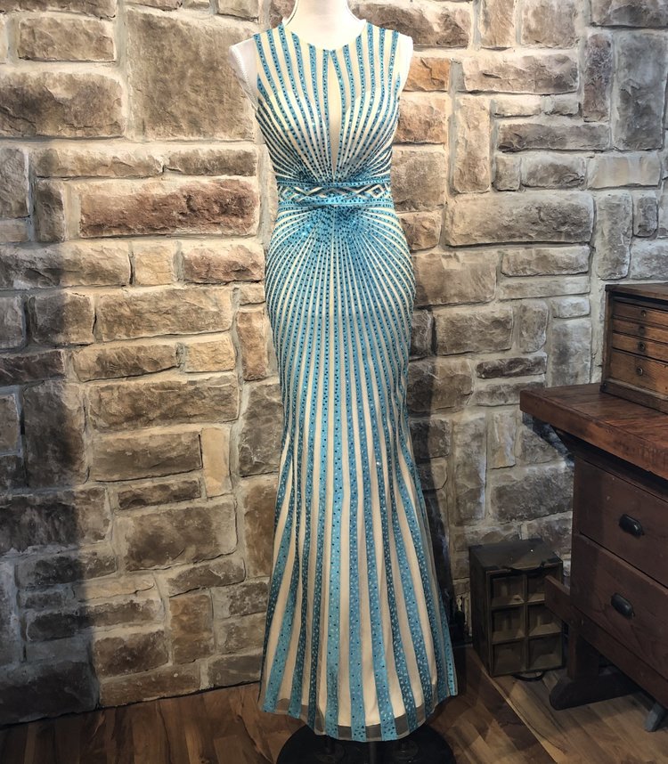 JVN Aqua and Nude Art Deco Beaded Gown, Size S