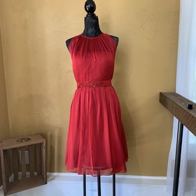 Adrianna Papell Red Belted Pleated Sheath, Size 16