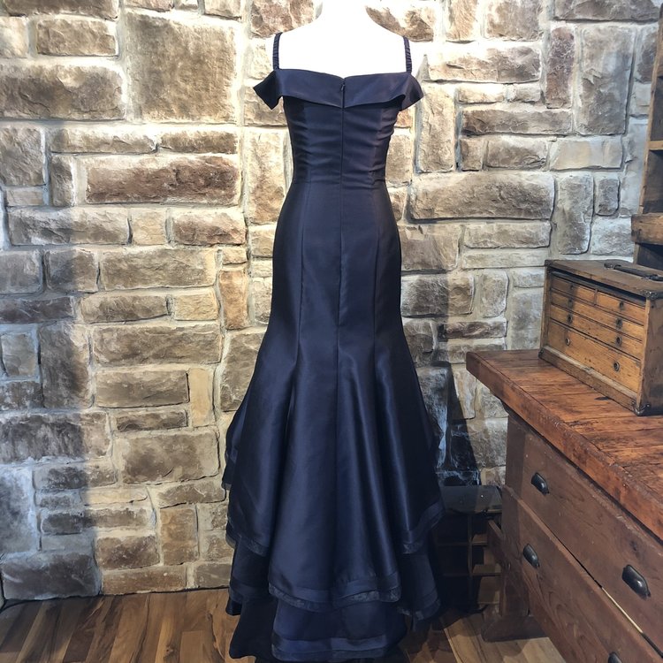 Xscape Navy Off-Shoulder Gown, Size 2