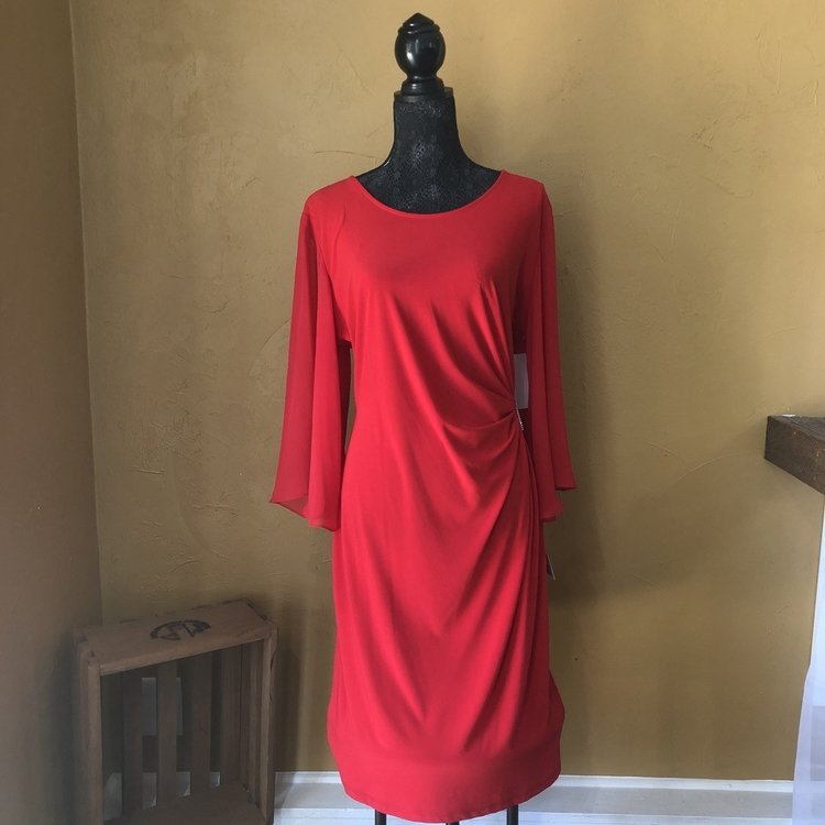 MSK Red Long Sleeve Sheath Dress with Rhinestones, Size 16