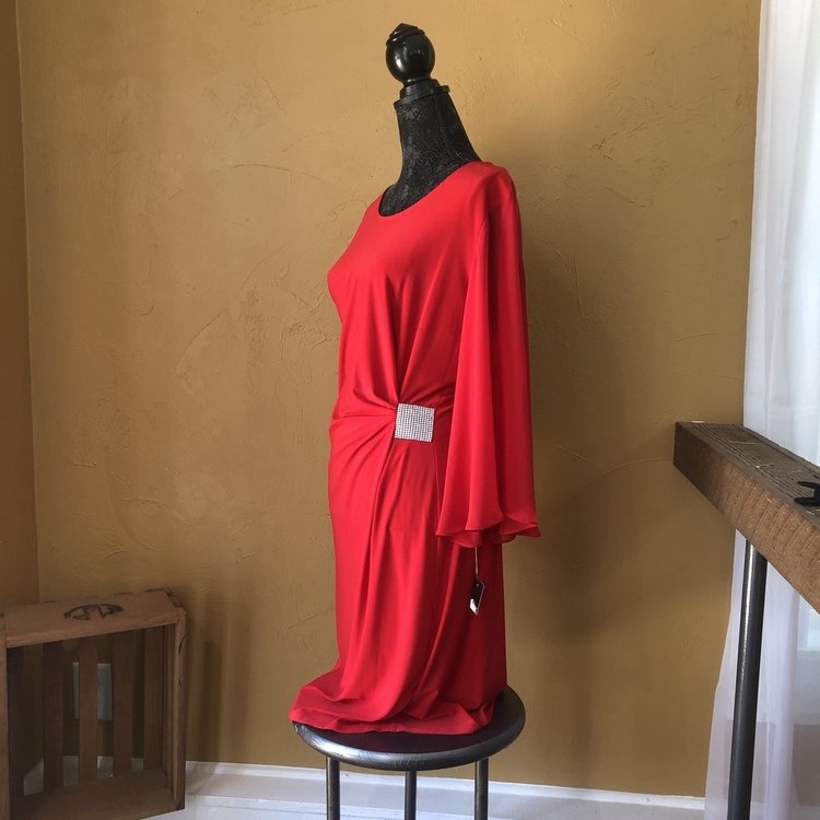 MSK Red Long Sleeve Sheath Dress with Rhinestones, Size 16