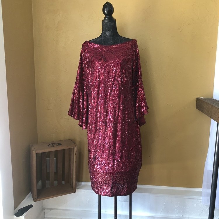 Betsy & Adam Red Sequined Dress with Long Sleeves, Size 20W