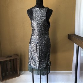 Betsy & Adam Silver Sequin Fringe Dress, Size L