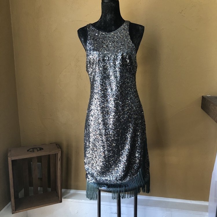 Betsy & Adam Silver Sequin Fringe Dress, Size L