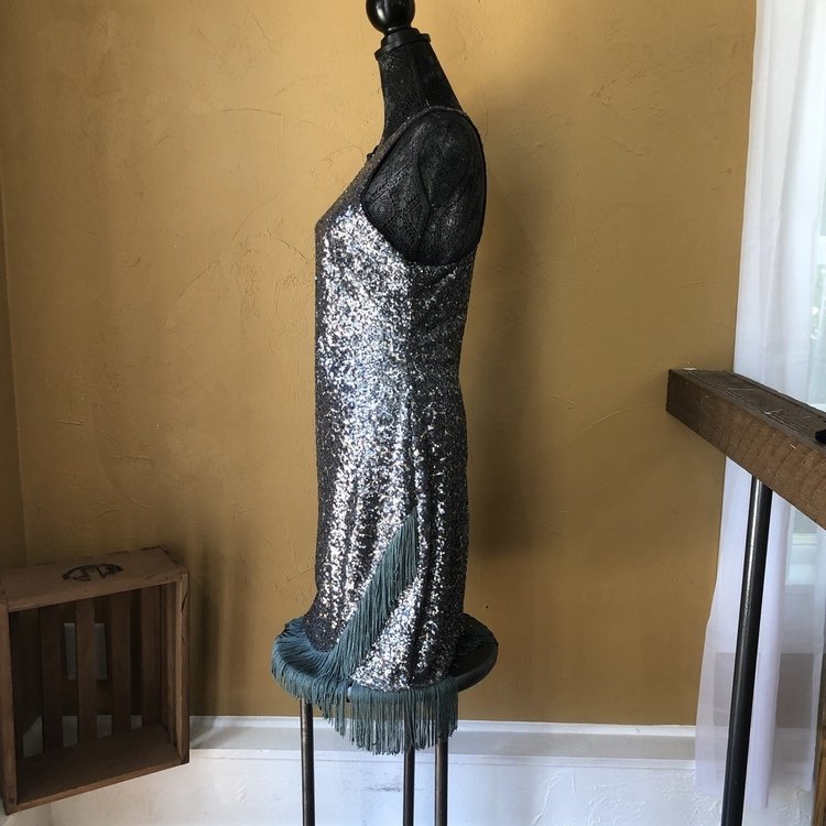 Betsy & Adam Silver Sequin Fringe Dress, Size L