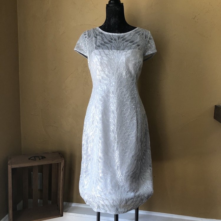 Adrianna Papell Silver Sequin Leaf Dress, Size L