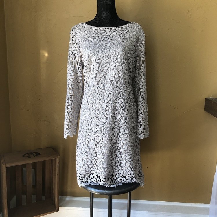 Betsy & Adam Beige Lace Shimmer Dress, Size 14