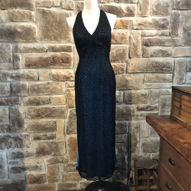 Andreta Donatello Vintage Blue and Black Sequin Gown, Size 6P