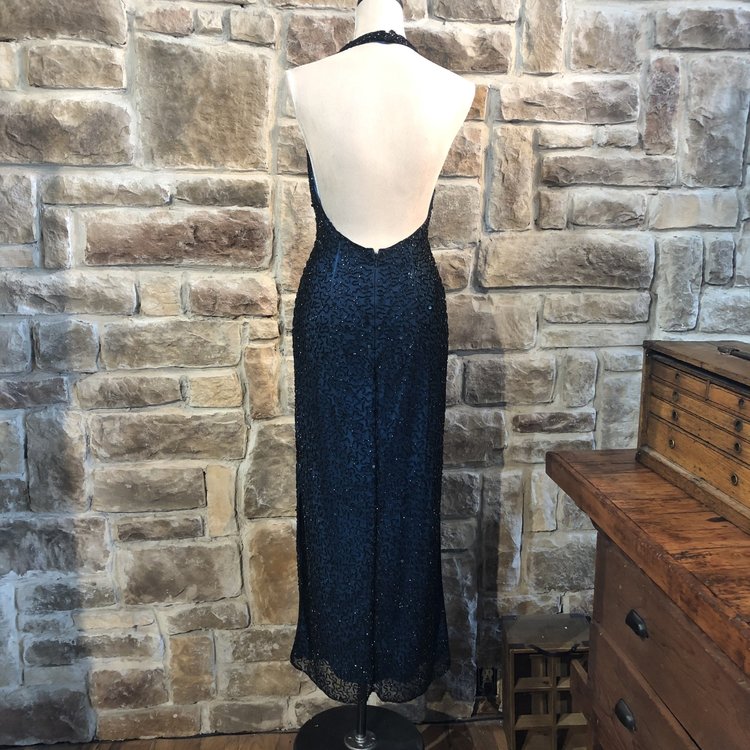 Andreta Donatello Vintage Blue and Black Sequin Gown, Size 6P