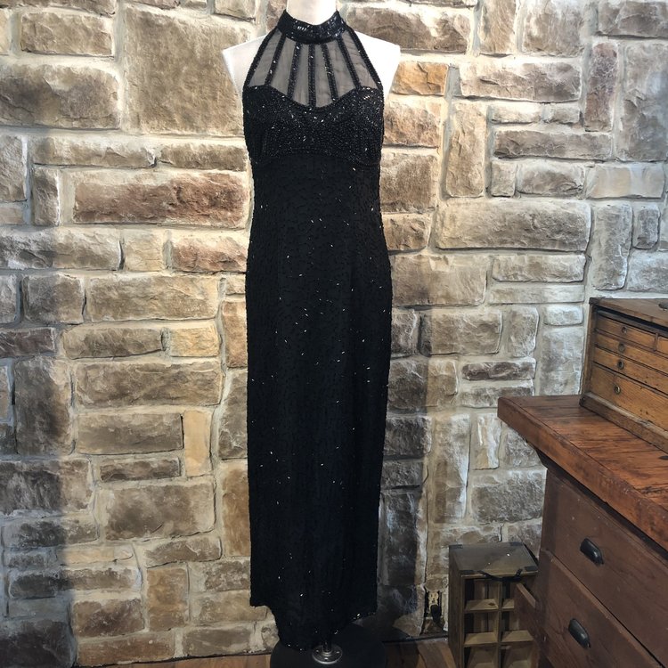 Laurence Kazar Long Black Sequin Dress, Size M