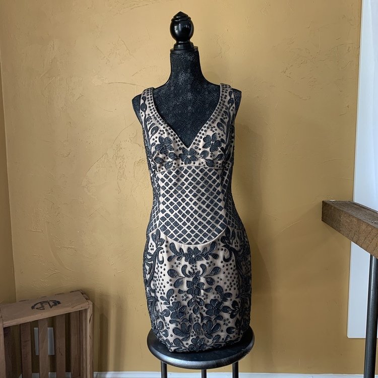 Jovani Nude Cocktail Dress with Black Sparkle Gelly Overlay, Size 16