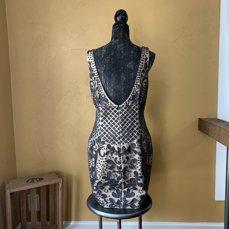 Jovani Nude Cocktail Dress with Black Sparkle Gelly Overlay, Size 16