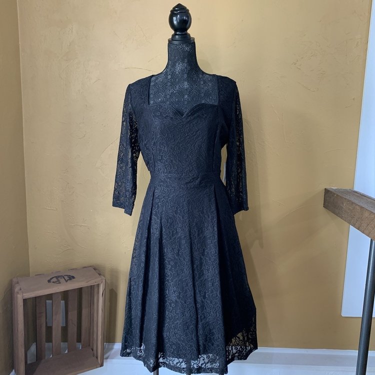 Lindy Bop Black Lace 3/4 Sleeve Dress, Size 12