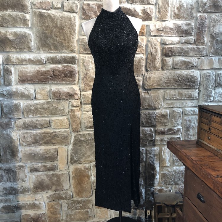 Adrianna Papell Black Beaded Gown, Size 2P