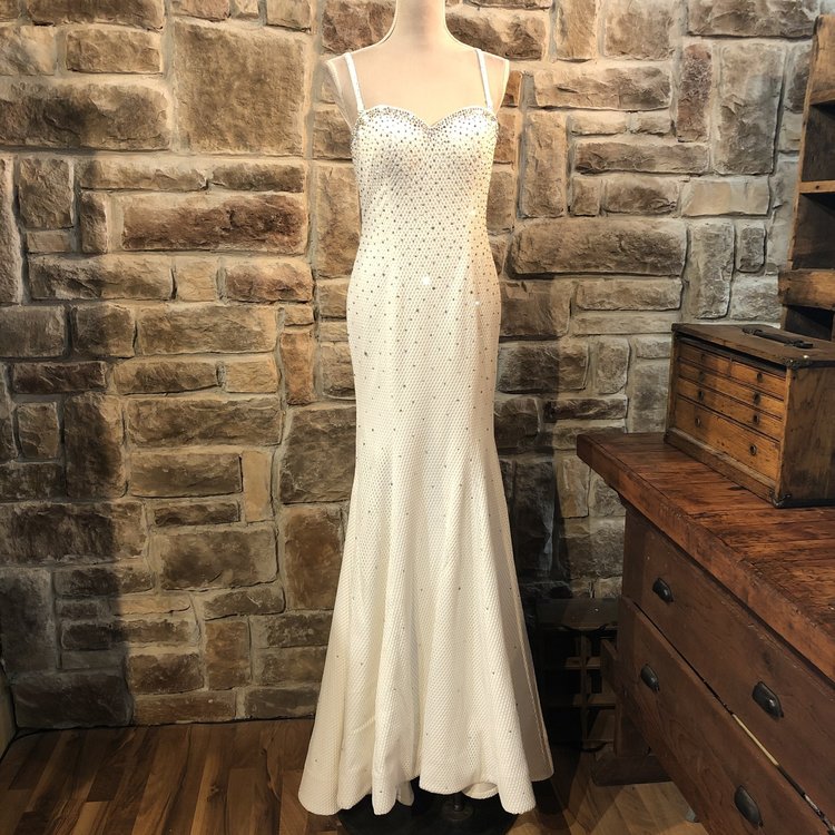 Jovani White Gown with Aurora Borealis Embellishments, Size 8