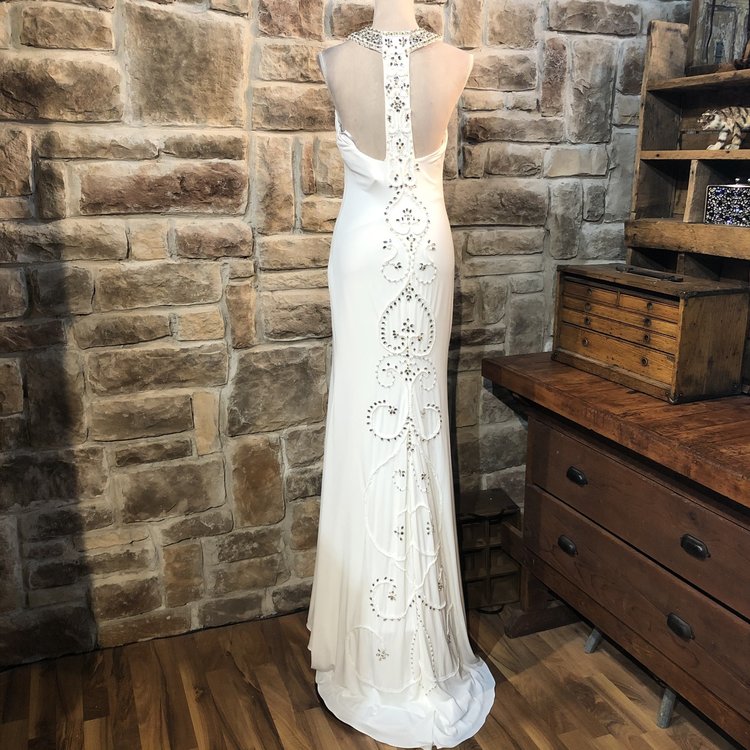 Jovani White Halter Gown with Beading, Size 10