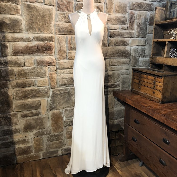 Jovani White Halter Gown with Beading, Size 10