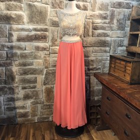 Terani Couture Beige Embellished Crop Top with Coral Chiffon Skirt, Size 8