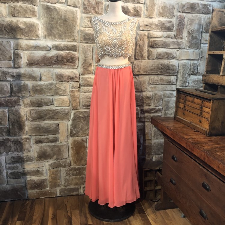 Terani Couture Beige Embellished Crop Top with Coral Chiffon Skirt, Size 8