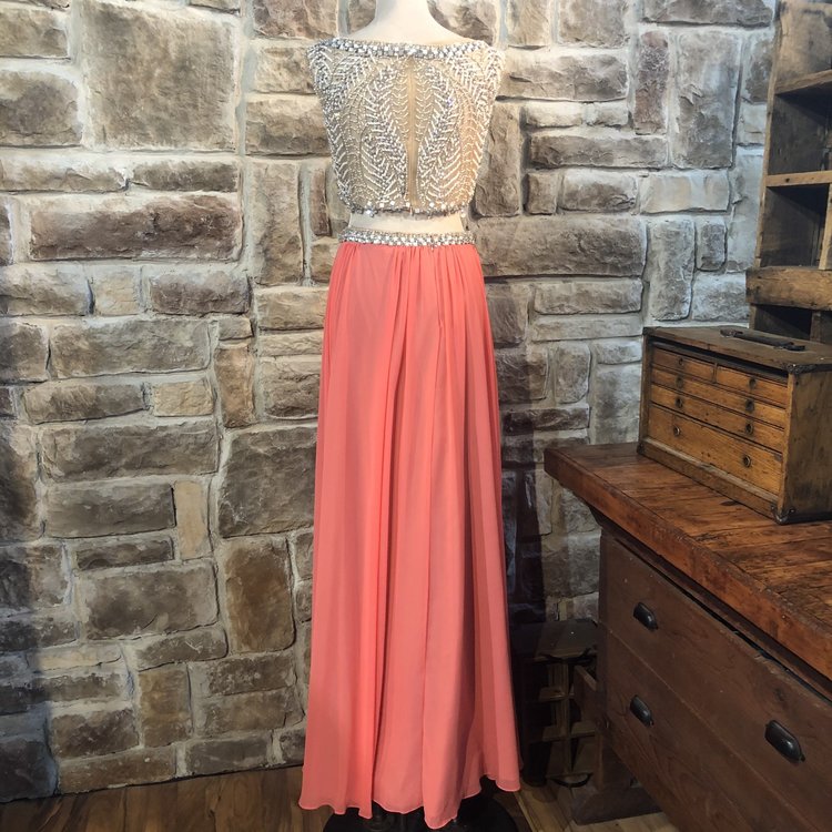 Terani Couture Beige Embellished Crop Top with Coral Chiffon Skirt, Size 8